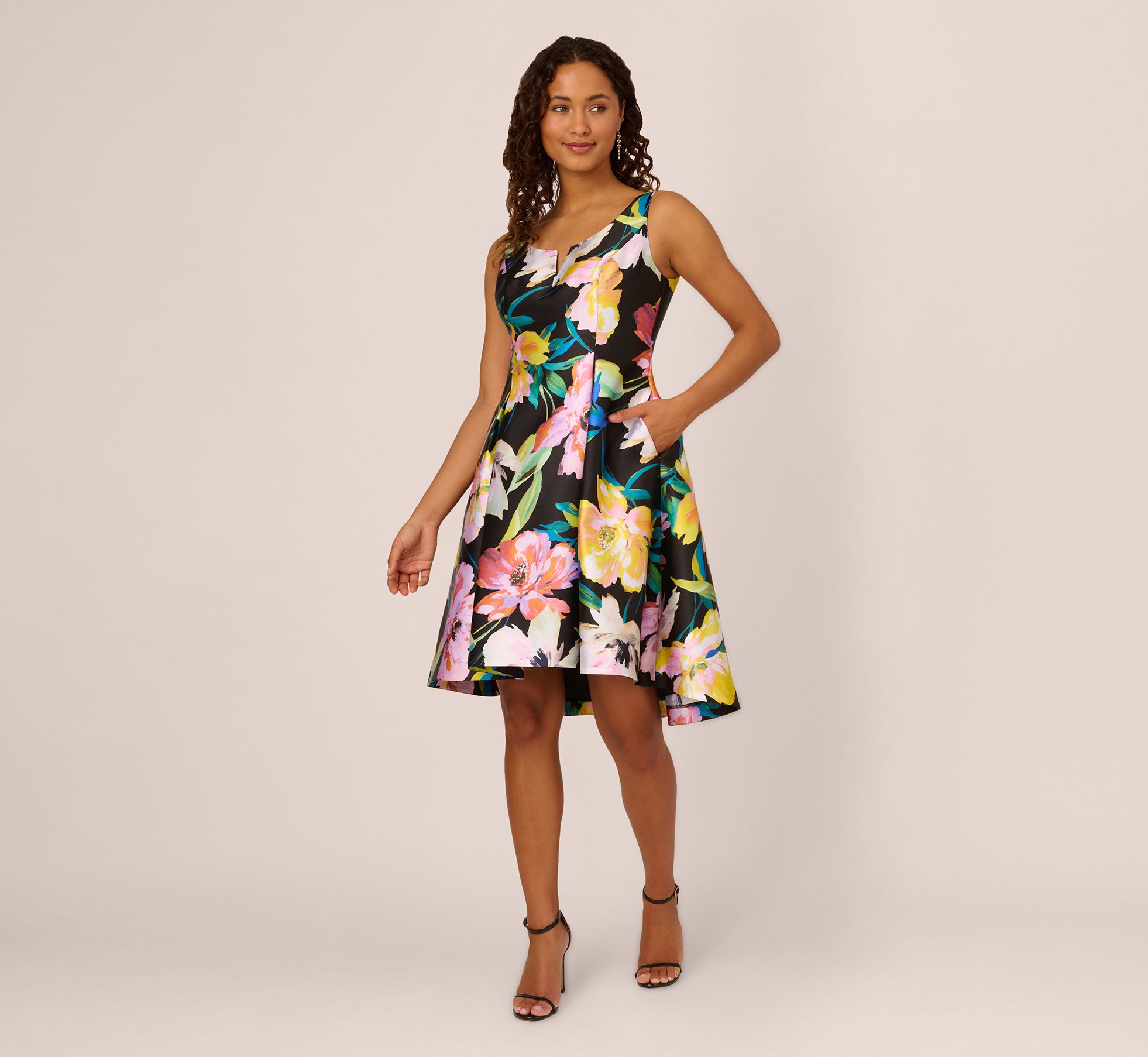 Floral Print Mikado Sleeveless Dress With High Low Skirt In Black Multi 1