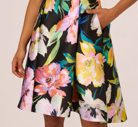 Floral Print Mikado Sleeveless Dress With High Low Skirt In Black Multi