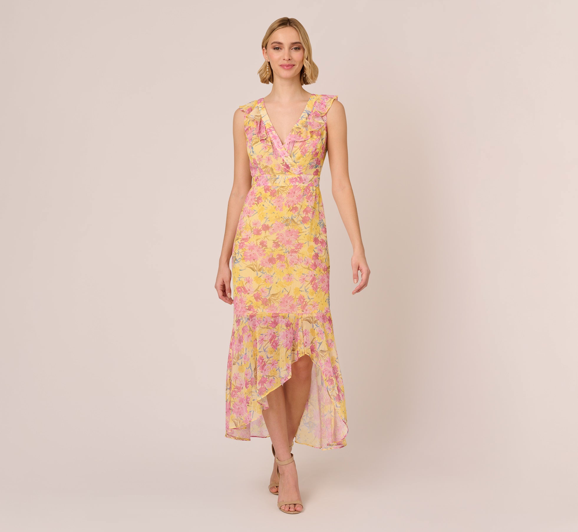 Floral Print Ankle Length Chiffon Dress With Ruffled Details In