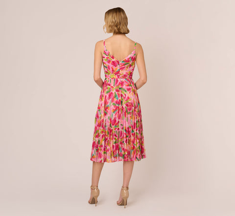 Floral Print Pleated Chiffon Midi Dress In Pink Green Multi