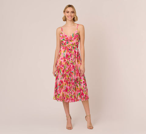 Floral Print Pleated Chiffon Midi Dress In Pink Green Multi