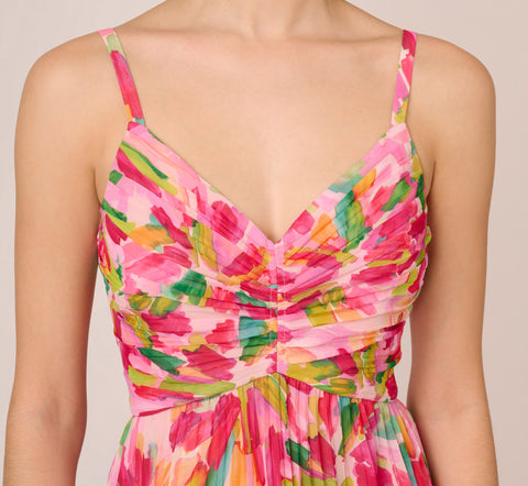 Floral Print Pleated Chiffon Midi Dress In Pink Green Multi