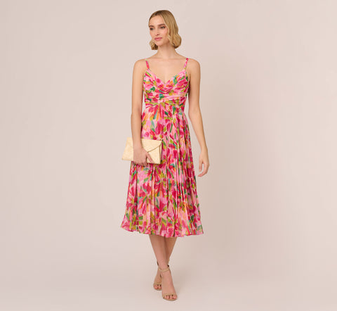 Floral Print Pleated Chiffon Midi Dress In Pink Green Multi