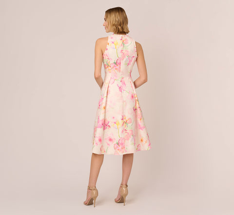 Floral Jacquard High Low Halter Dress With Ruffle Trim In Pink Multi