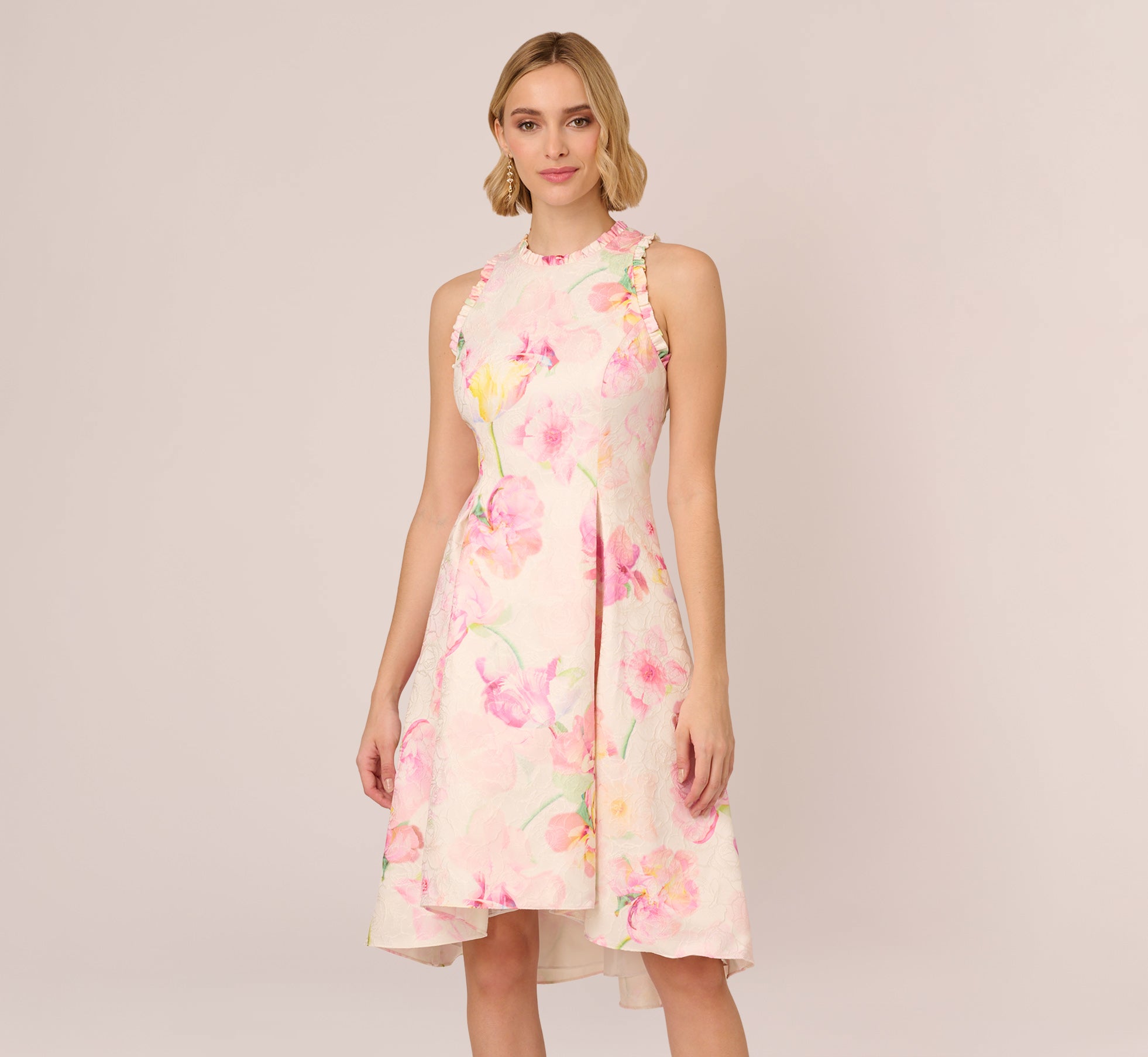 Floral Jacquard High Low Halter Dress With Ruffle Trim In Pink Multi 1