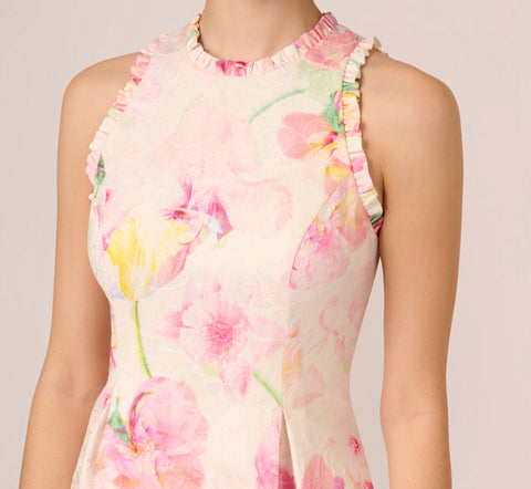 Floral Jacquard High Low Halter Dress With Ruffle Trim In Pink Multi