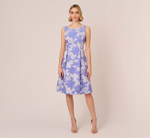 Floral Jacquard Fit And Flare Dress With Midi Skirt In Peri Cruise