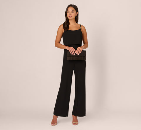 Crepe Popover Jumpsuit With Chain Straps In Black