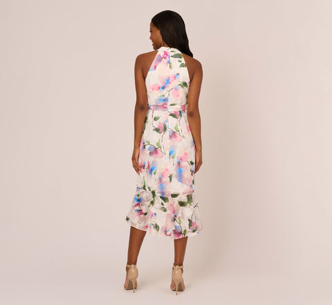 Floral Printed Chiffon Halter Dress With Self Tie Waist In Ivory Pink Multi