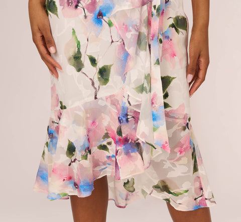 Floral Printed Chiffon Halter Dress With Self Tie Waist In Ivory Pink Multi