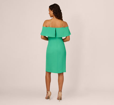 Ruffle Popover Midi Dress With Chain Halter Neckline In Flora Green