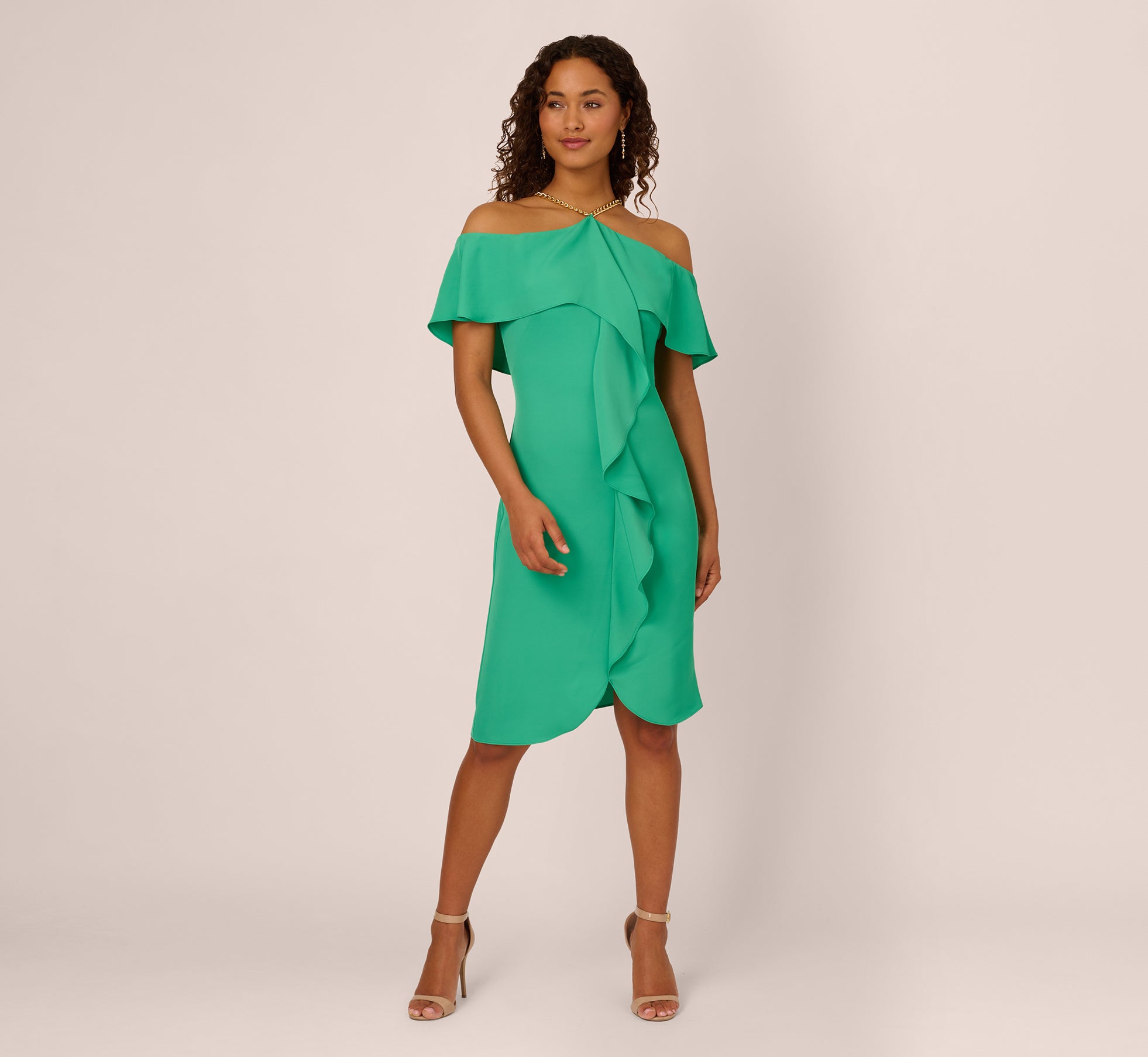 Ruffle Popover Midi Dress With Chain Halter Neckline In Flora Green 1