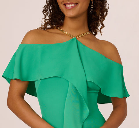 Ruffle Popover Midi Dress With Chain Halter Neckline In Flora Green