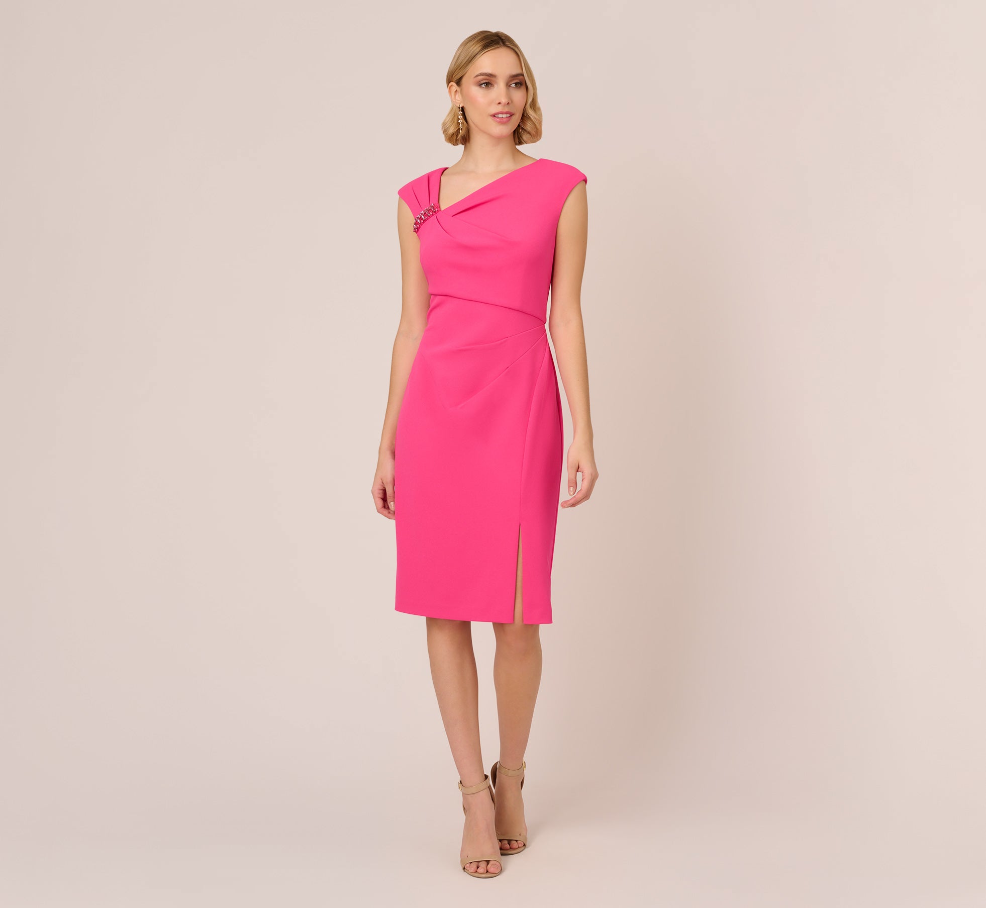 Knit Crepe Sleeveless Midi Dress With Asymmetrical Neckline In