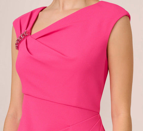 Knit Crepe Sleeveless Midi Dress With Asymmetrical Neckline In Electric Pink