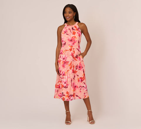 Floral Chiffon Halter Dress With Tiered Skirt In Apricot Multi