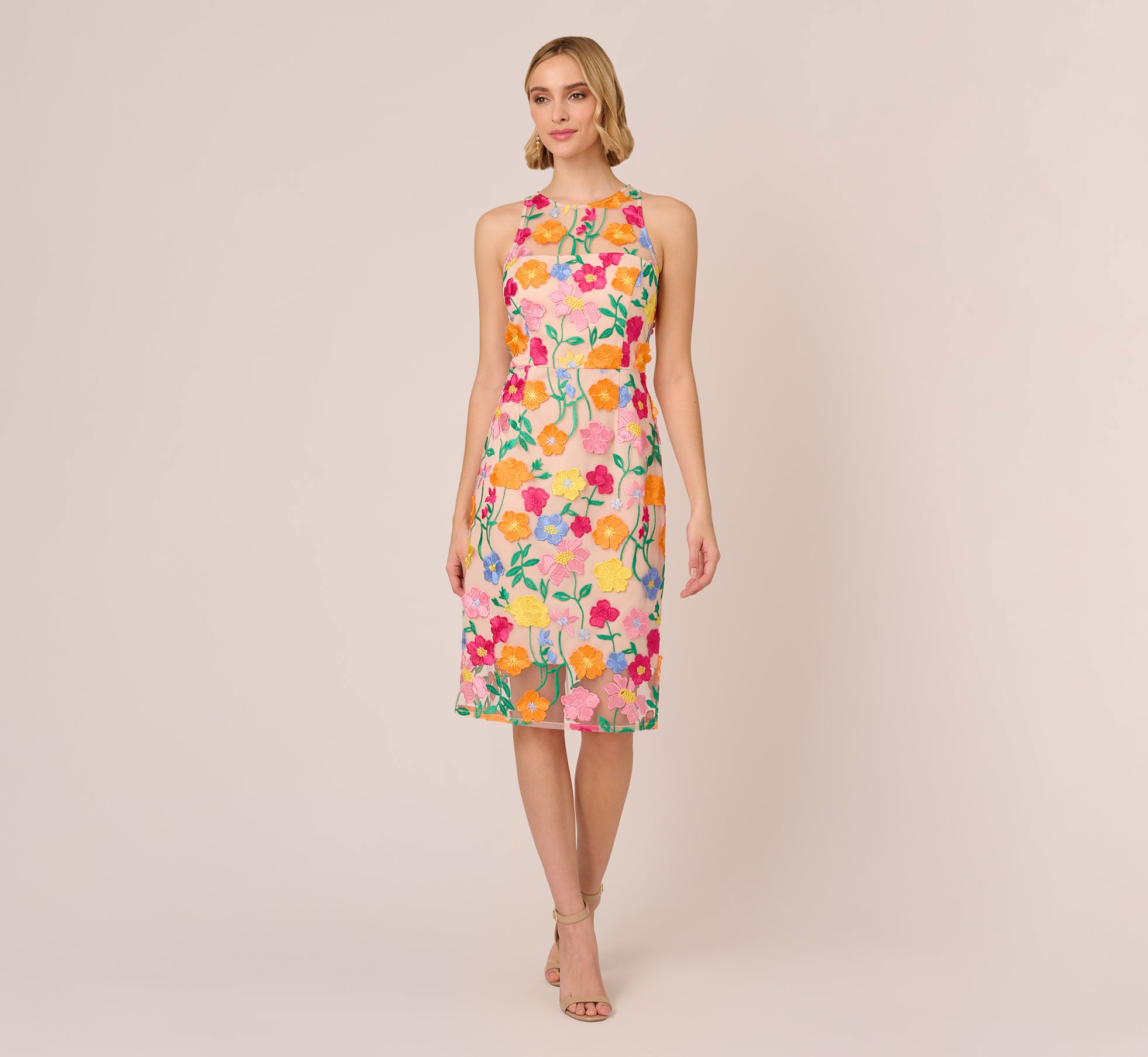 Multicolor Floral Embroidered Halter Midi Dress In Pink Yellow