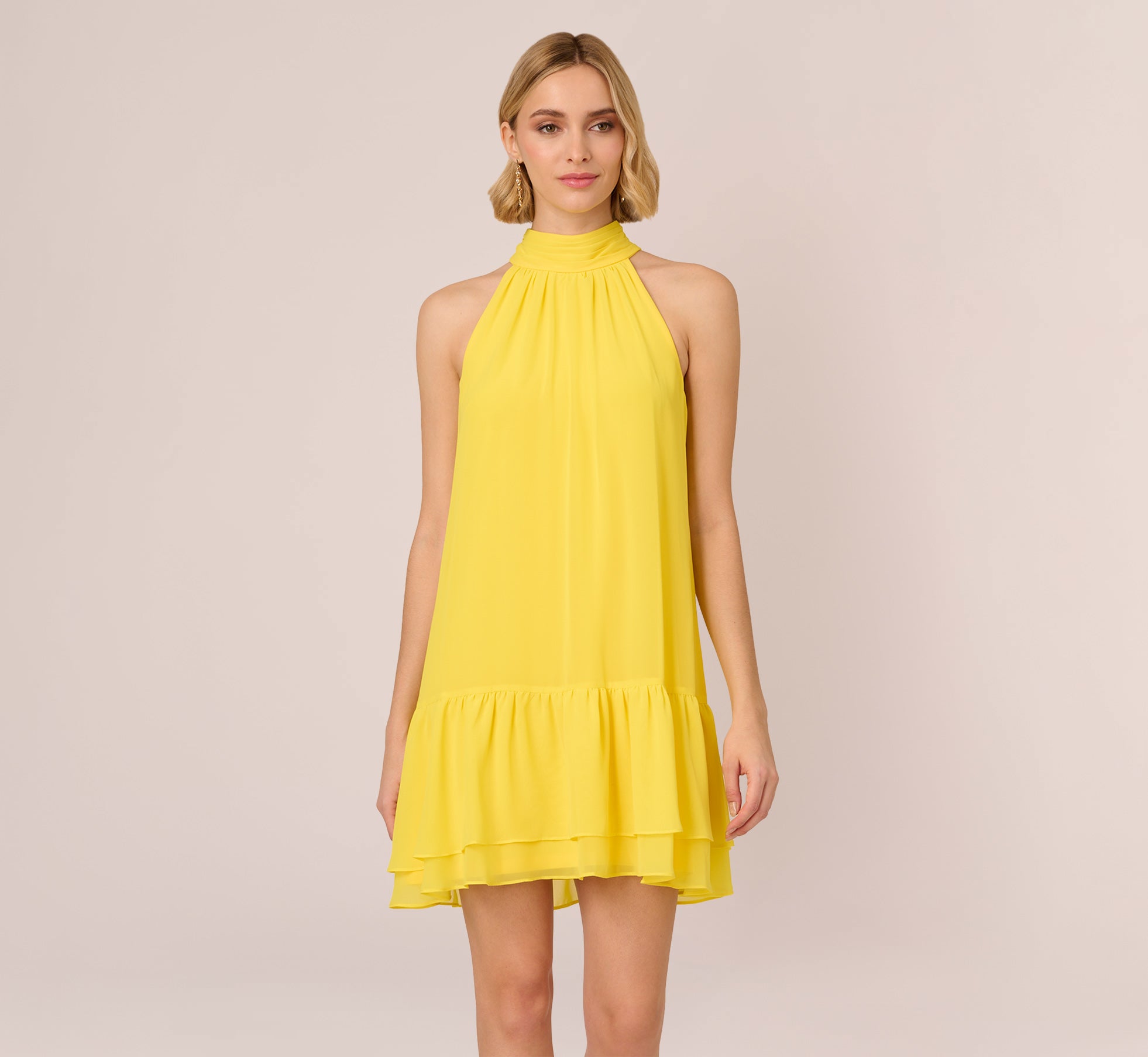 Chiffon Mock Neck Trapeze Dress With Flounce Hem In Hyper Yellow 1