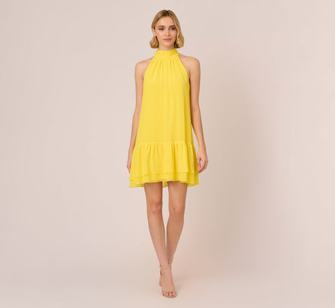 Chiffon Mock Neck Trapeze Dress With Flounce Hem In Hyper Yellow