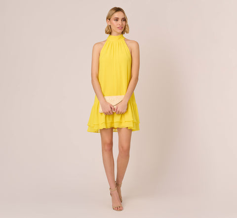 Chiffon Mock Neck Trapeze Dress With Flounce Hem In Hyper Yellow