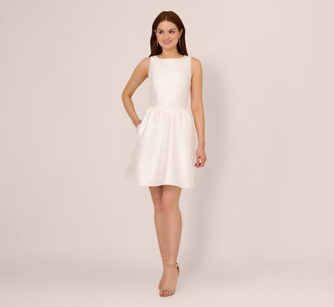 Sleeveless Mikado Fit And Flare Dress With Pearl Beaded Trim In Ivory