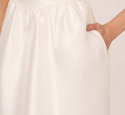 Sleeveless Mikado Fit And Flare Dress With Pearl Beaded Trim In Ivory