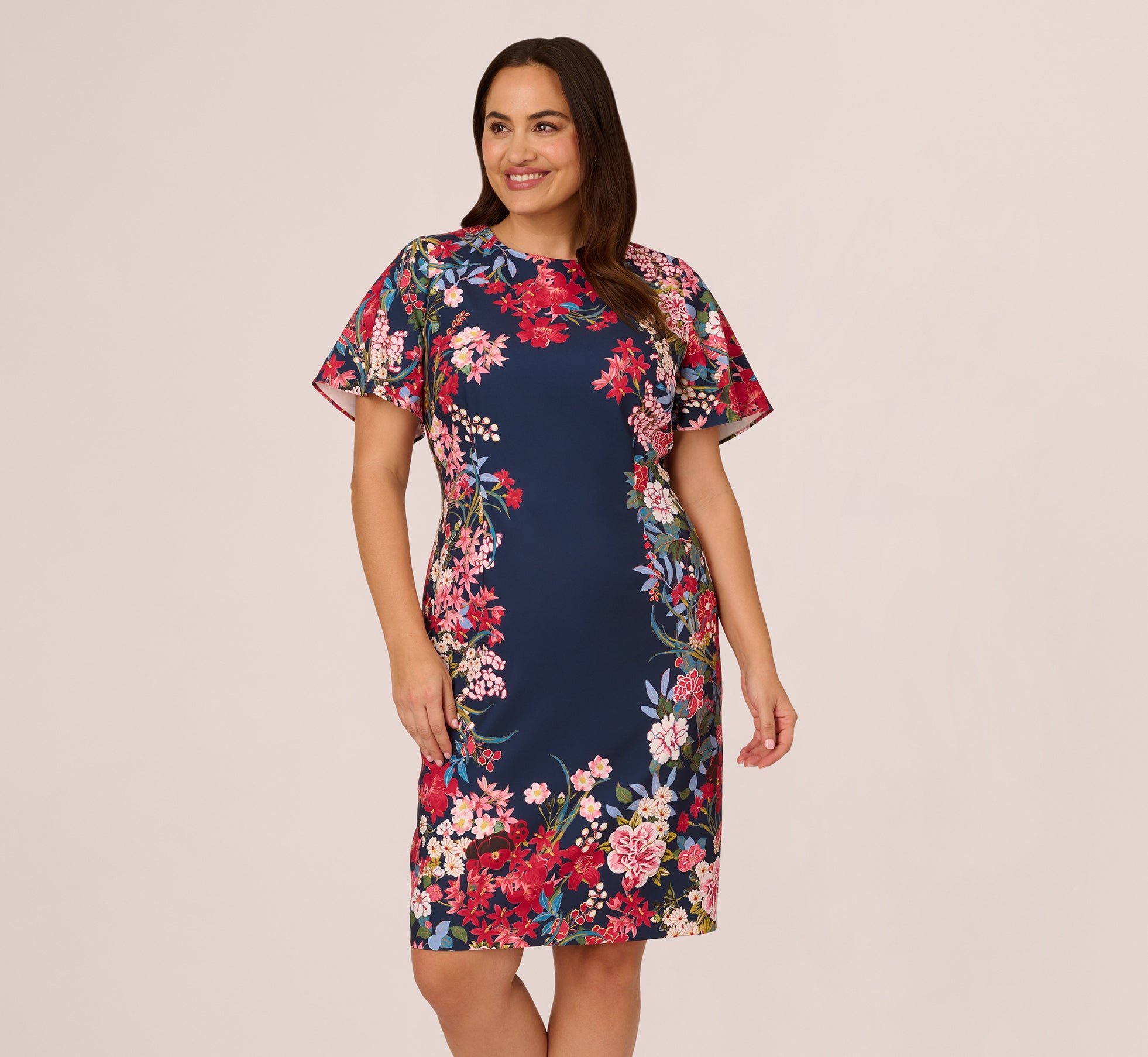 Plus Size Floral Print Twill Sheath Dress With Flutter Short Sleeves In Navy Multi 1