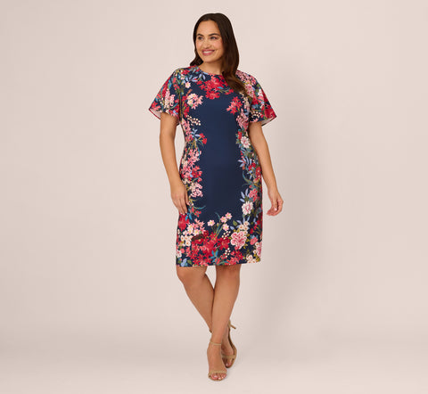 Plus Size Floral Print Twill Sheath Dress With Flutter Short Sleeves In Navy Multi