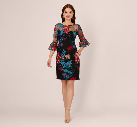 Multicolor Floral Embroidered Sheath Dress With Sheer Bell Sleeves In Black Multi