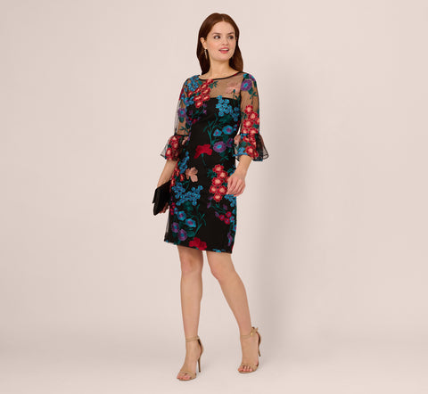 Multicolor Floral Embroidered Sheath Dress With Sheer Bell Sleeves In Black Multi
