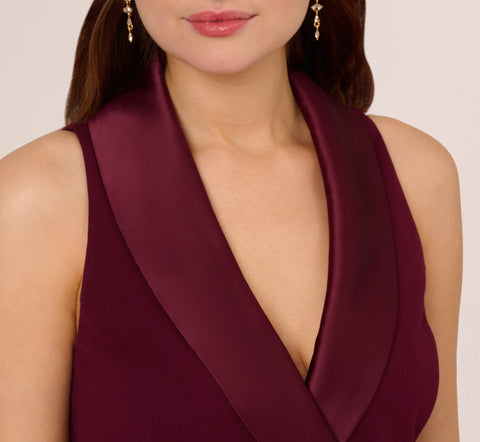 Sleeveless Crepe Tuxedo Dress With Charmeuse Accents In Cabernet