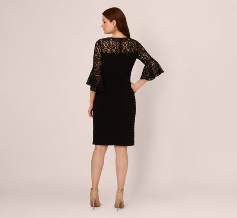 Banded Jersey Dress With Sheer Lace Bell Sleeves In Black