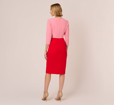 Three Quarter Sleeve Colorblock Dress With Tie Front In Pink Red