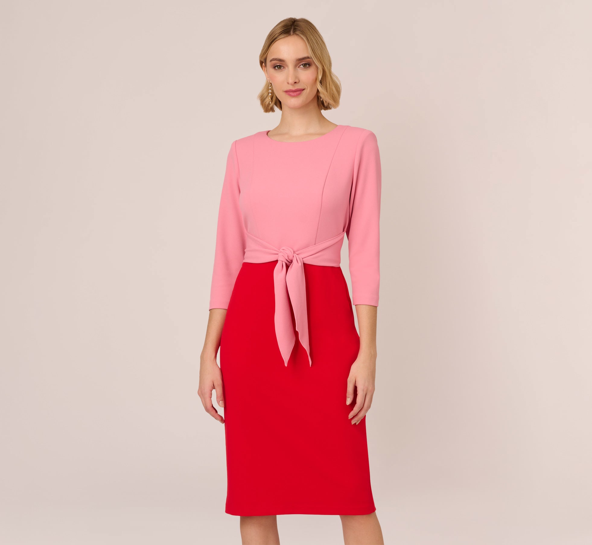 Three Quarter Sleeve Colorblock Dress With Tie Front In Pink Red 1