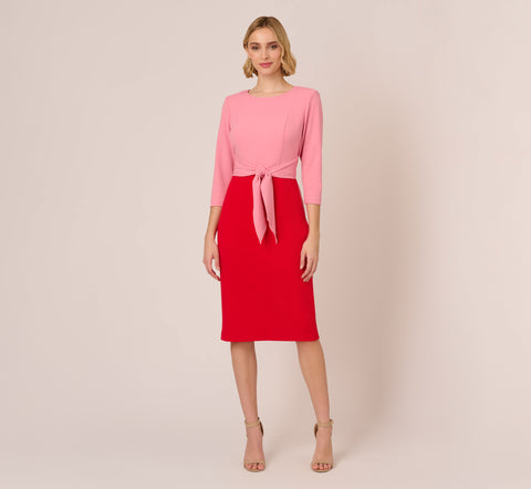 Three Quarter Sleeve Colorblock Dress With Tie Front In Pink Red