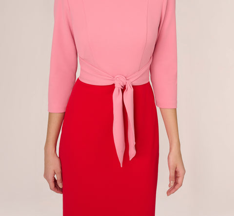 Three Quarter Sleeve Colorblock Dress With Tie Front In Pink Red