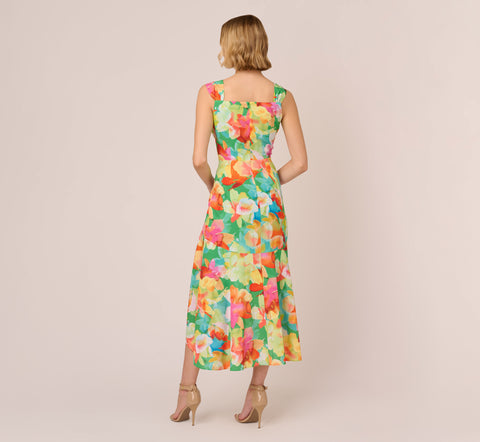 Abstract Floral Print High Low Dress With Flounce Skirt In Green Multi