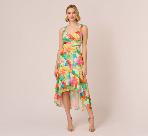 Abstract Floral Print High Low Dress With Flounce Skirt In Green Multi