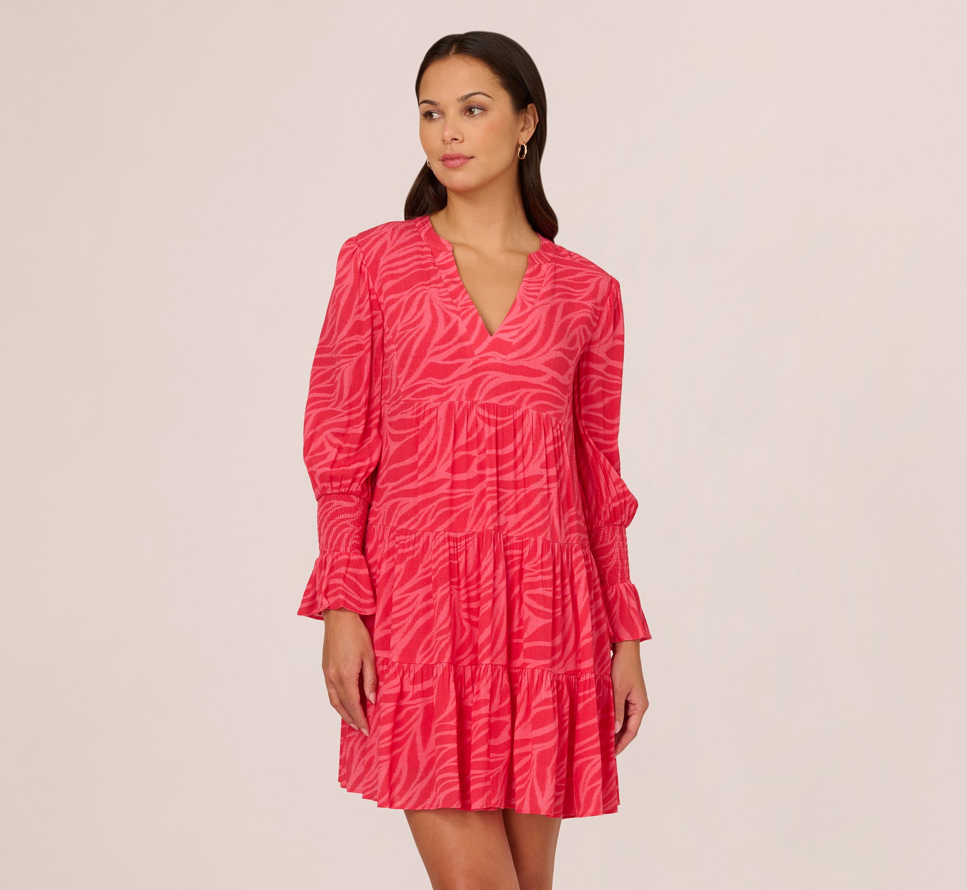 Leaf Print Tiered Shift Dress With Long Bell Sleeves In Pink Multi 1