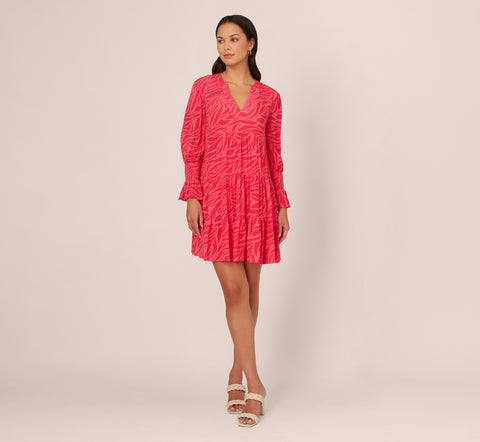 Leaf Print Tiered Shift Dress With Long Bell Sleeves In Pink Multi