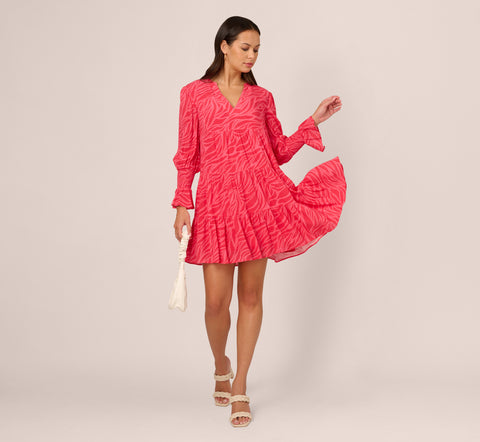 Leaf Print Tiered Shift Dress With Long Bell Sleeves In Pink Multi