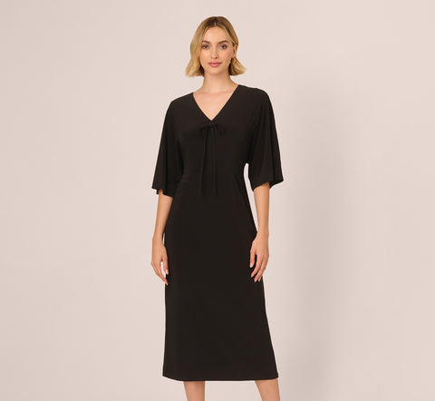 Jersey Midi Dress With Dolman Short Sleeves In Black