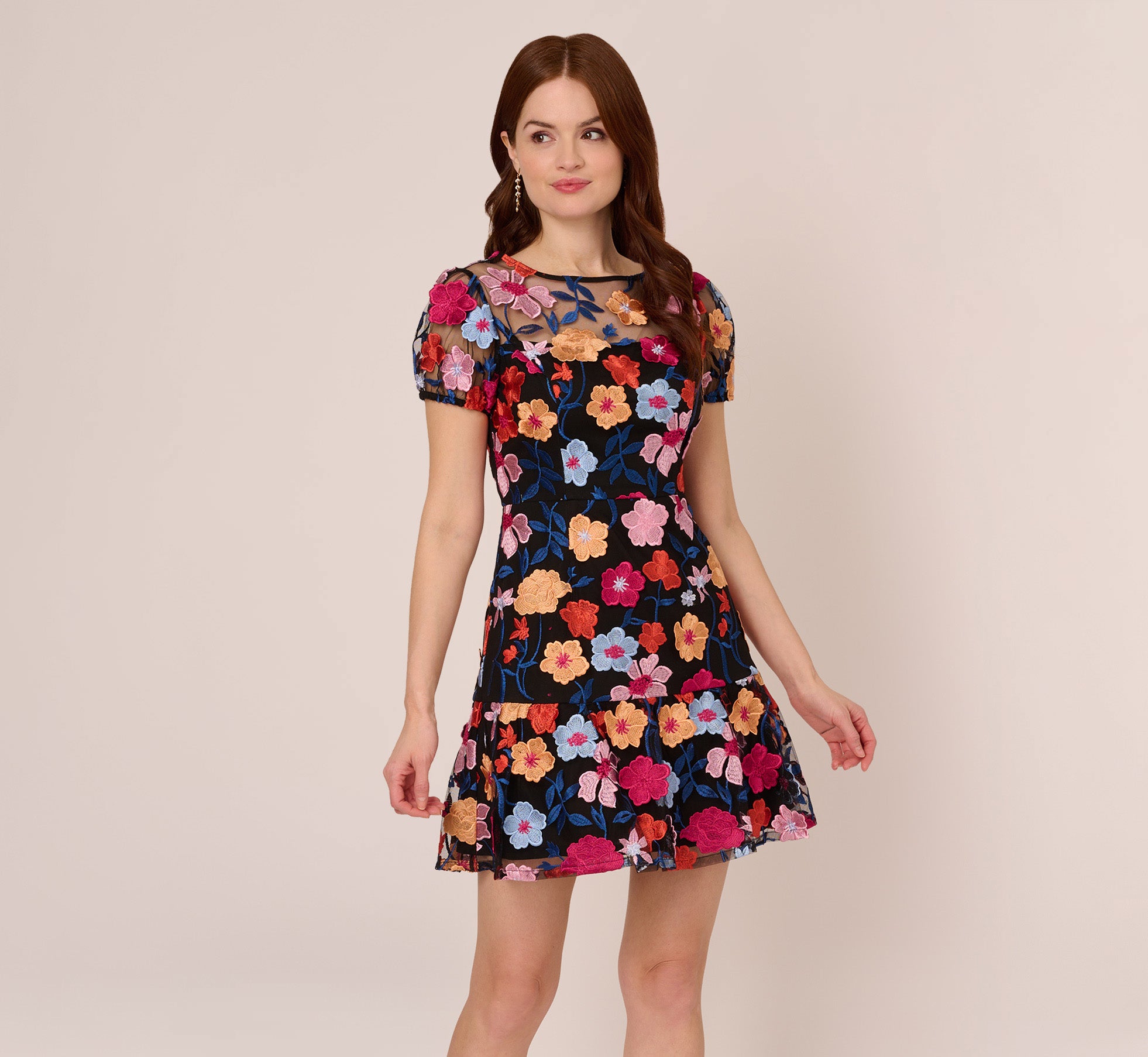 Floral Embroidered Flounce Dress With Sheer Short Sleeves In Black Multi 1