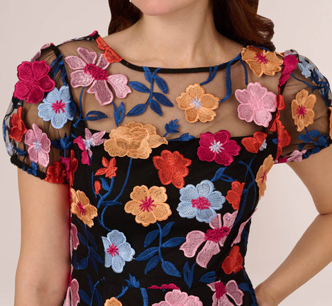 Floral Embroidered Flounce Dress With Sheer Short Sleeves In Black Multi