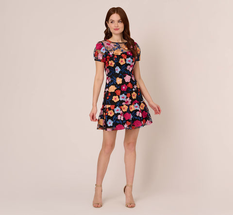 Floral Embroidered Flounce Dress With Sheer Short Sleeves In Black Multi