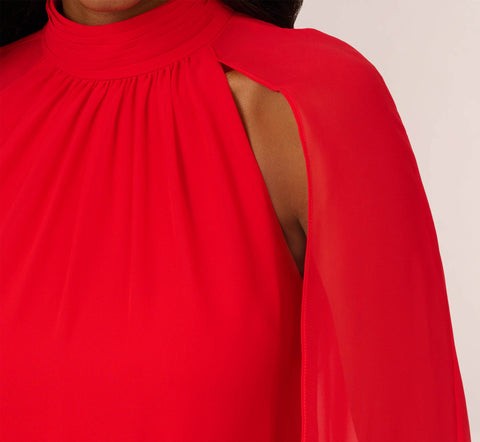 Chiffon Cape Sheath Dress With Ruffle Details In Red Crush