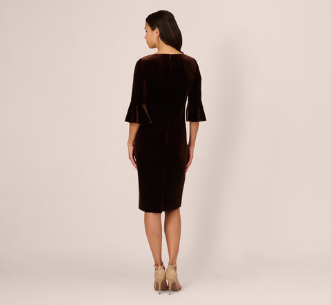 Velvet Tie Front Sheath Dress With Bell Sleeves In Dark Brown