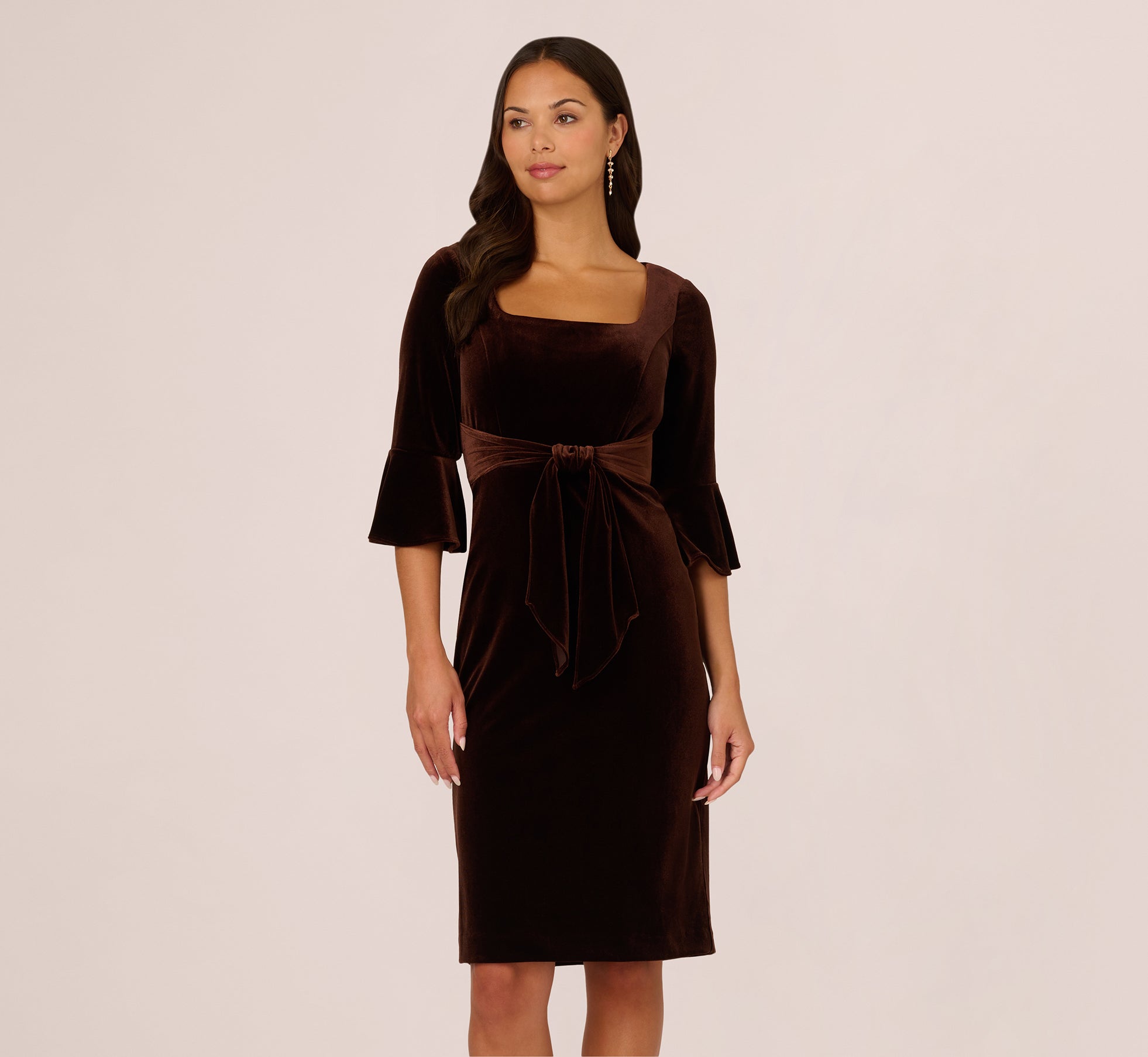 Velvet Tie Front Sheath Dress With Bell Sleeves In Dark Brown 1