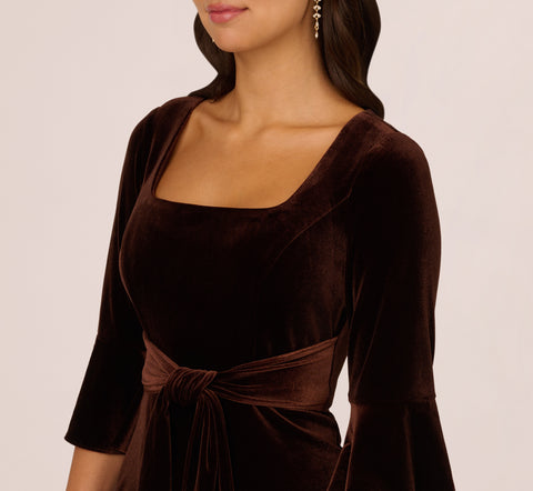 Velvet Tie Front Sheath Dress With Bell Sleeves In Dark Brown