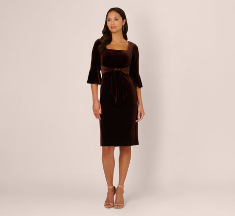 Velvet Tie Front Sheath Dress With Bell Sleeves In Dark Brown